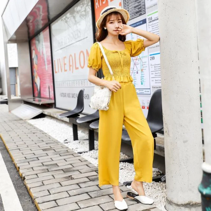 

2021 Women Spring Summer Casual Loose Set Female Ruffles Short Sleeve Shirt and Wide Leg Pant 2 Piece Set Lady Vintage Suit G672