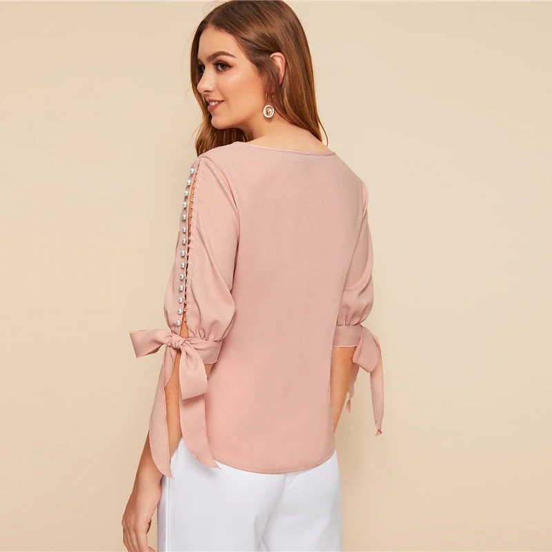 SHEIN цельный жемчуг бисер сбоку браслет с узелком Элегантная блузка женские топы осень Половина рукава базовые блузки для молодых девушек