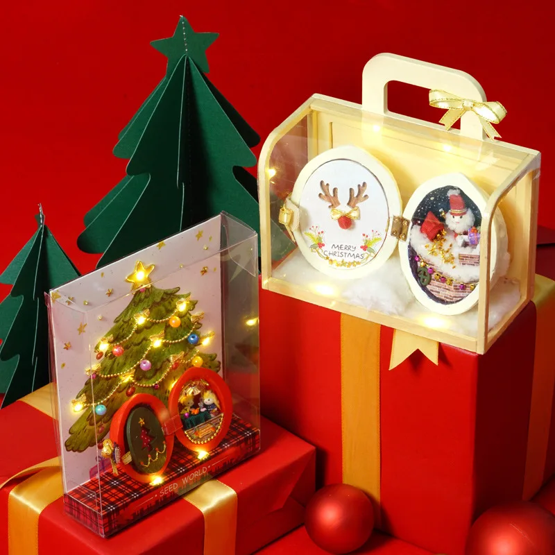 

LED Xmas seed box doll house furniture diy dollhouse wood diy doll house miniature dollhouse furniture children home toy gift