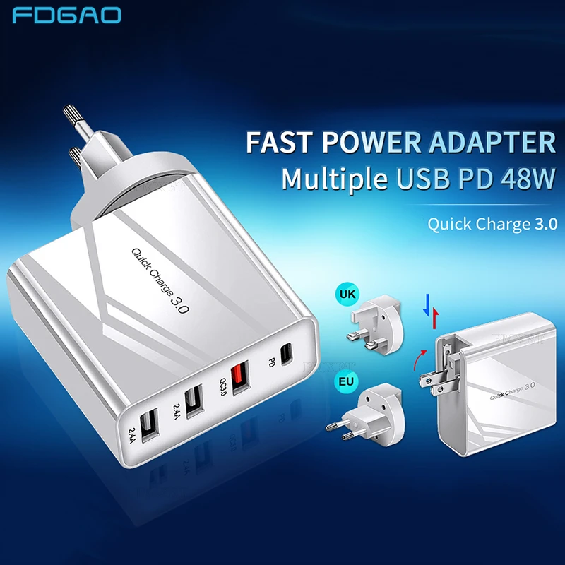 

Сетевое зарядное устройство с двумя USB-портами, 48 Вт, quick Charge 3,0 PD 3,0