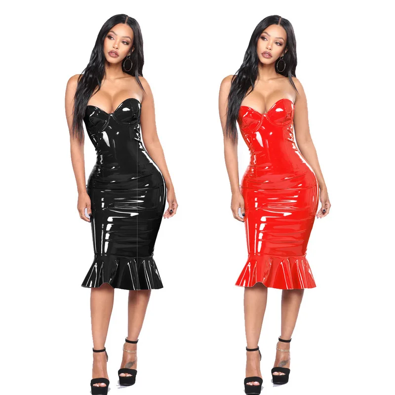 

High Quality Nonelastic Adjustable Shoulder Strap Ruffles Bodycon PU Faux Leather Dress Party Club Dress Midi Vestidos Robe Ddlg
