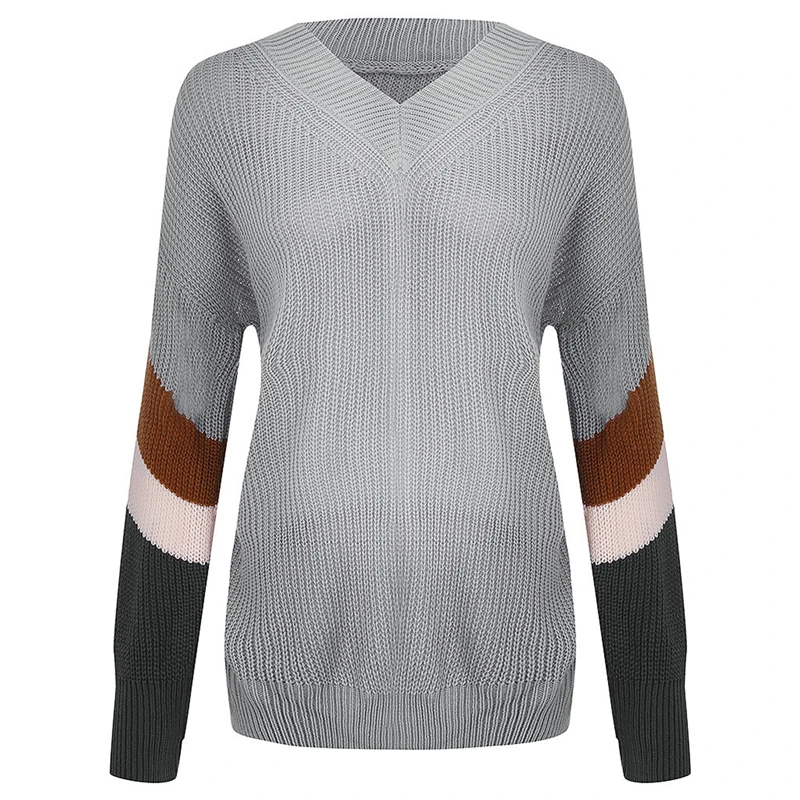 

V Neck Striped Patchwork Sleeve Knit Sweater Women Loose Pullover Fall Sweaters And Pullovers Fashion New