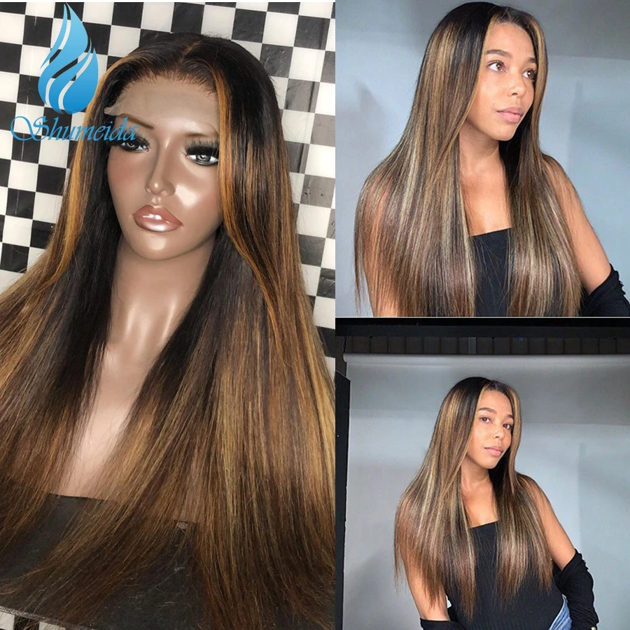 

Парики поверхностного монтажа 13*6 на сетке спереди, хайлайтер, коричневый цвет, Длинные прямые бразильские человеческие волосы без клея, пар...