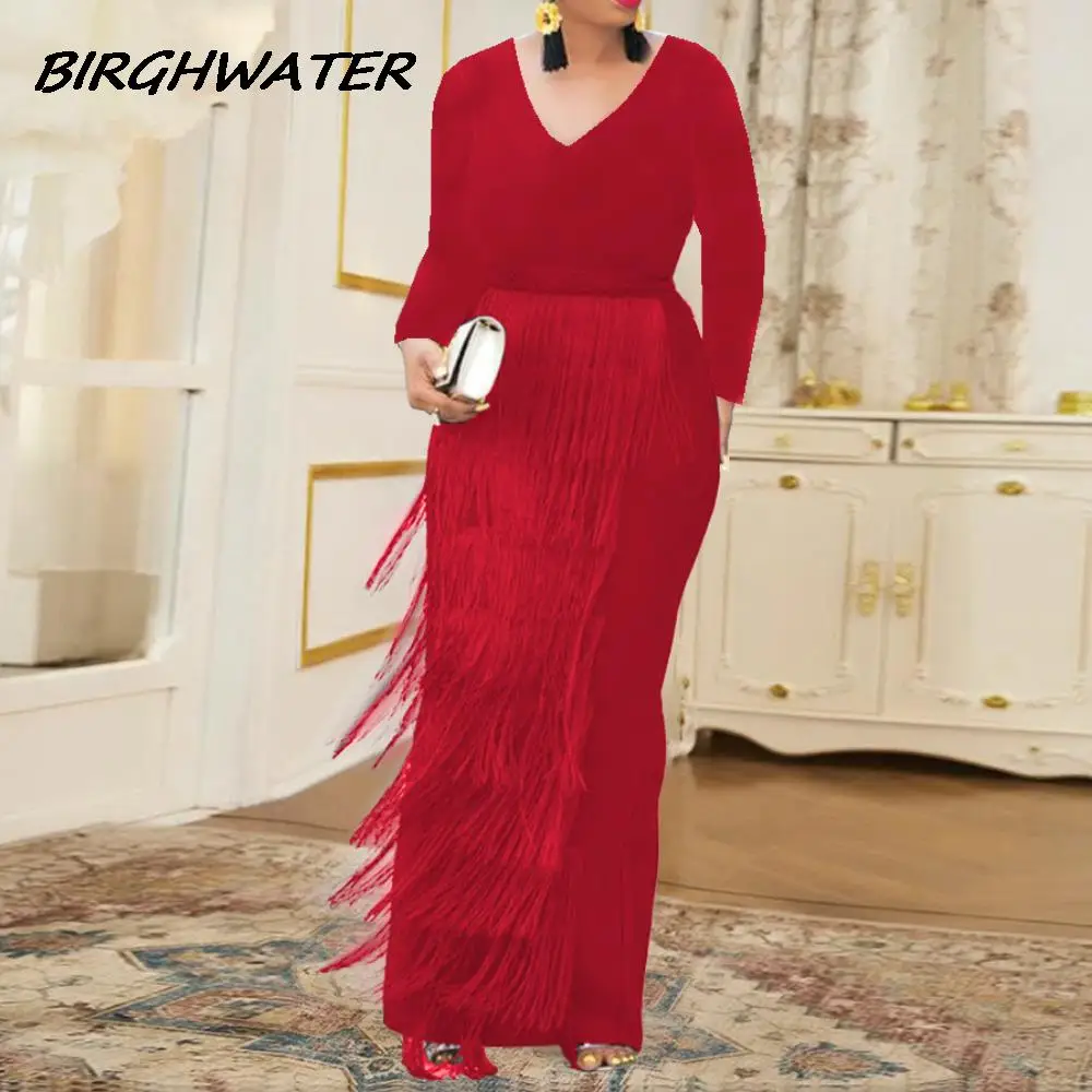 

Women Long Sleeve Dress Tassels Sexy V Neck High Waist Tassel Dress for Ladies Evening Birthday Fringe Party Gowns Dresses 2021