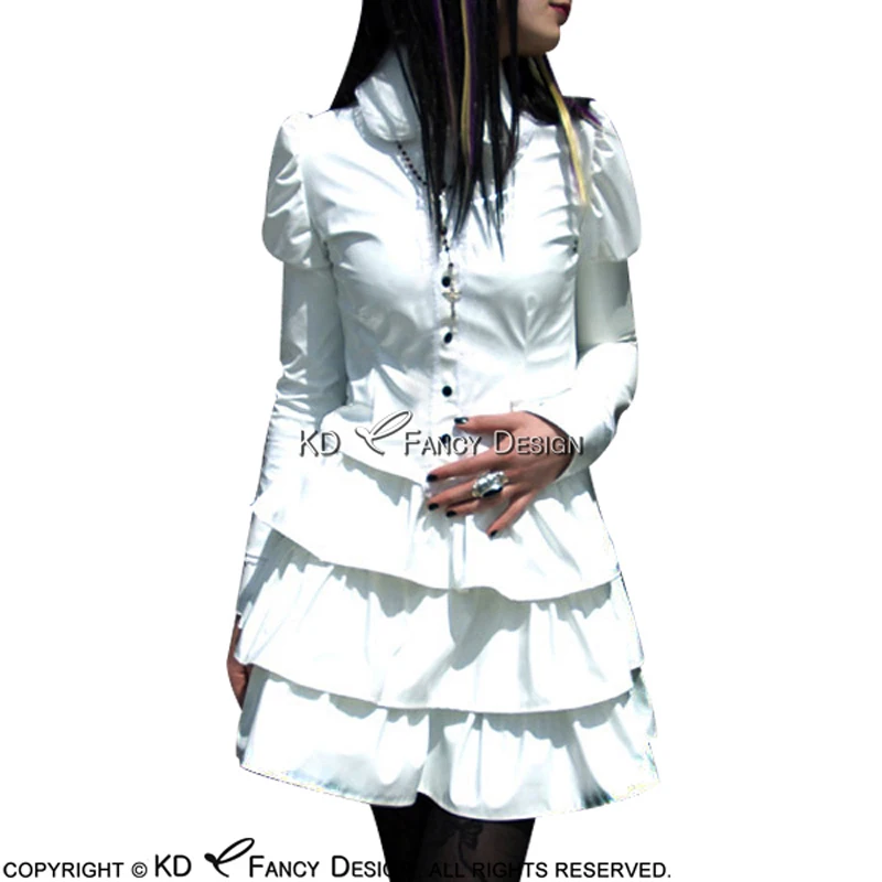 Белое сексуальное латексное платье с пуговицами спереди Пышное Платье длинными