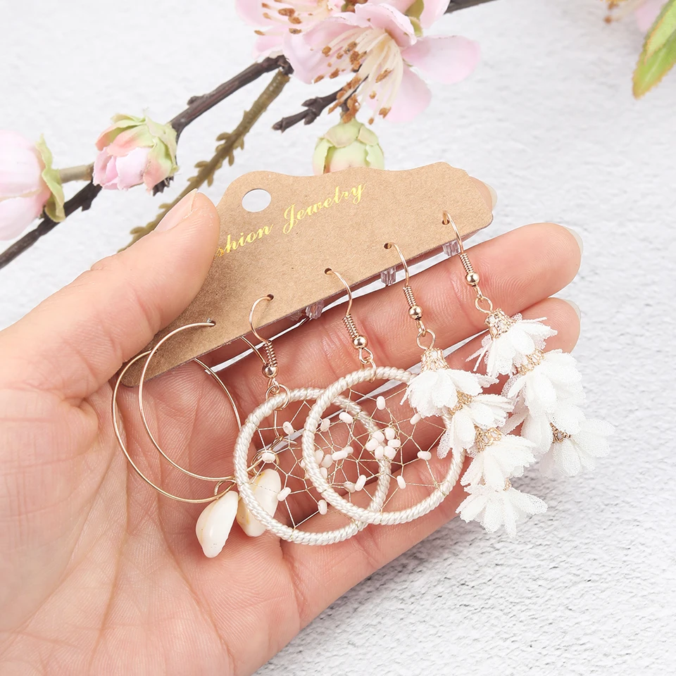 Vintage Boho Tassel Earrings Set For Women Brincos Big Round Dreamcatcher Flower Drop 2020 Charm Ethnic Jewelry | Украшения и