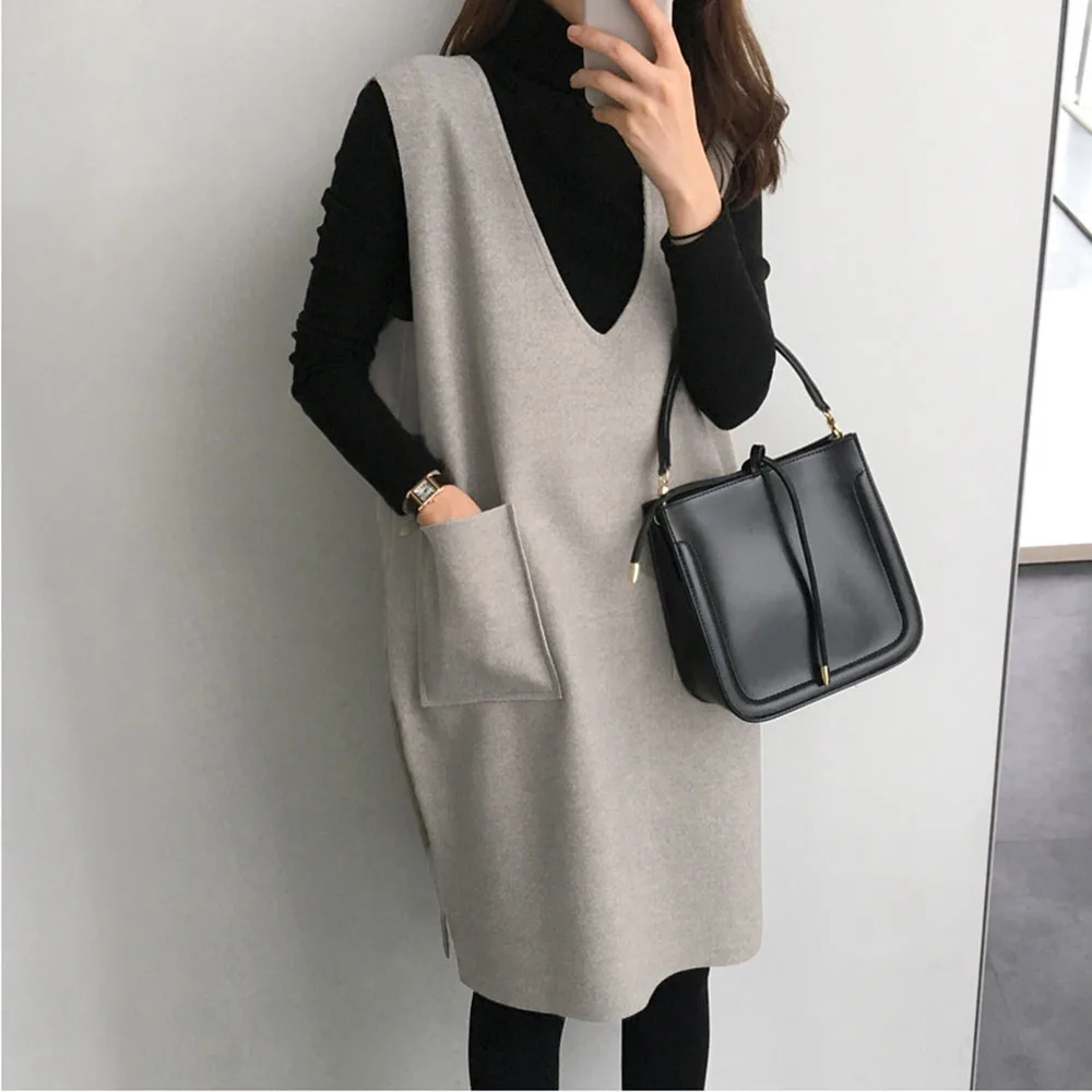 Комплект из двух предметов осенне зимний теплый однотонный Длинный жилет платье