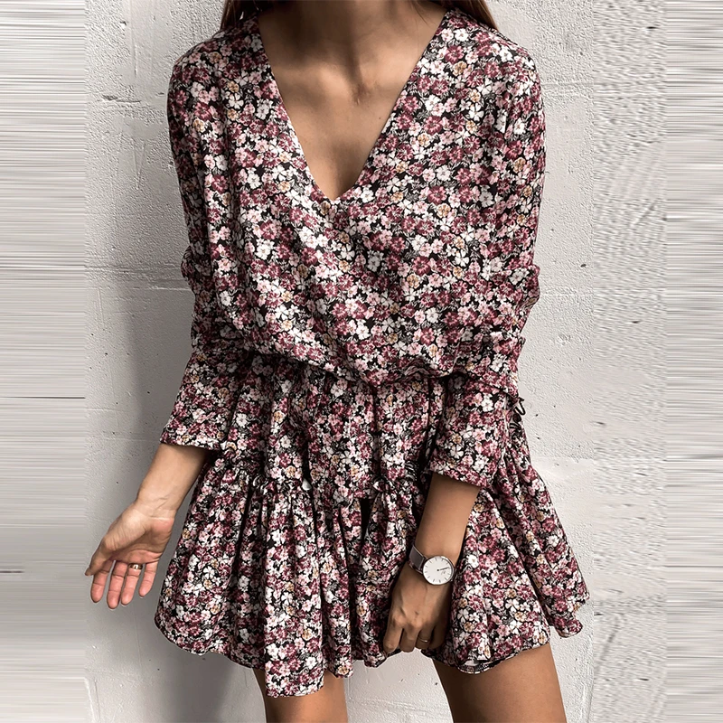 

Women Flower Printed V Neck Ruffled Mini Dress Autumn 2021 Casual Long Sleeve A Line Dress Floral Office Ladies Party Vestidos