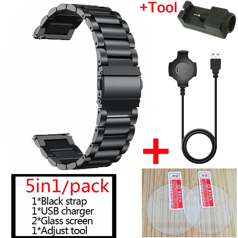 5в1 для Xiaomi Amazfit Pace металлический ремешок из нержавеющей стали+ USB зарядный кабель+ Amazfit pace стеклянная защита экрана - Цвет: Черный