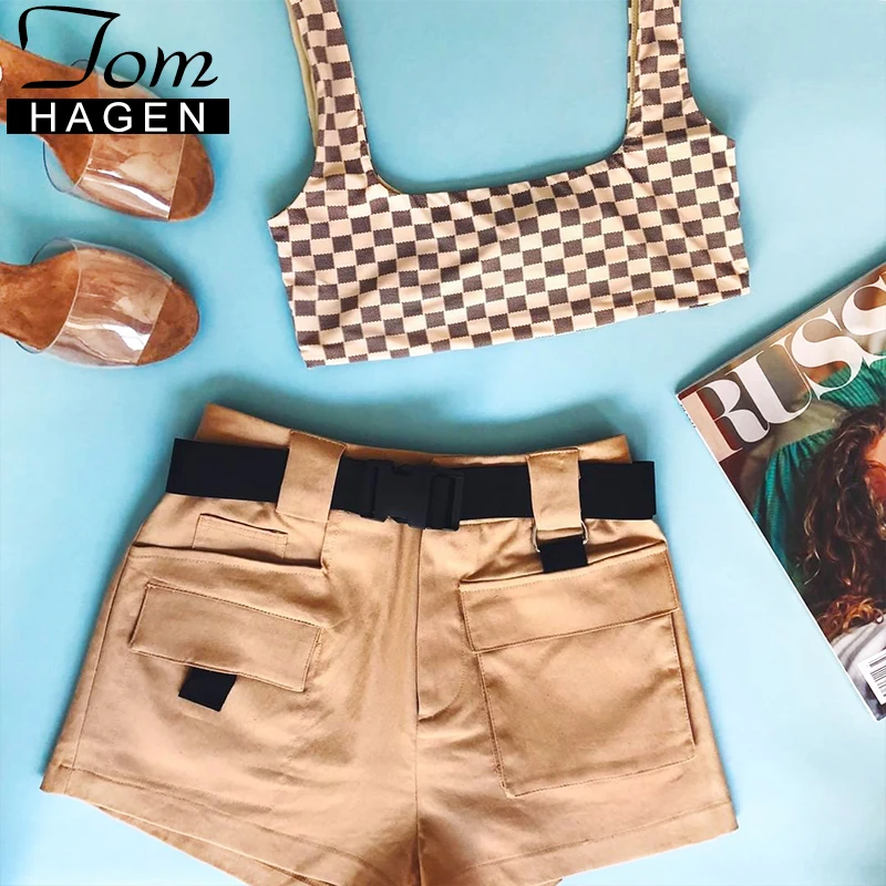 Женские шорты-карго с высокой талией хлопковые шорты цвета хаки карманами на