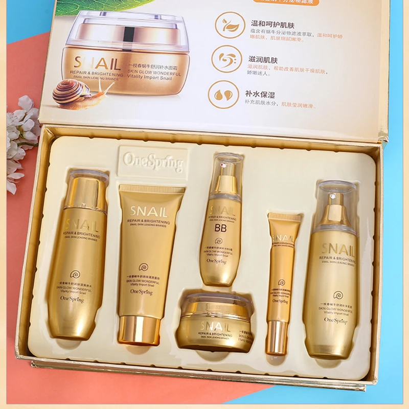 

6PCS Gold Snail Face Skin Care Set Moisturizing Whitening Cream/Toner/Lotion/Eye Cream/Cleanser/BB Cream Korea Beauty Facial Set