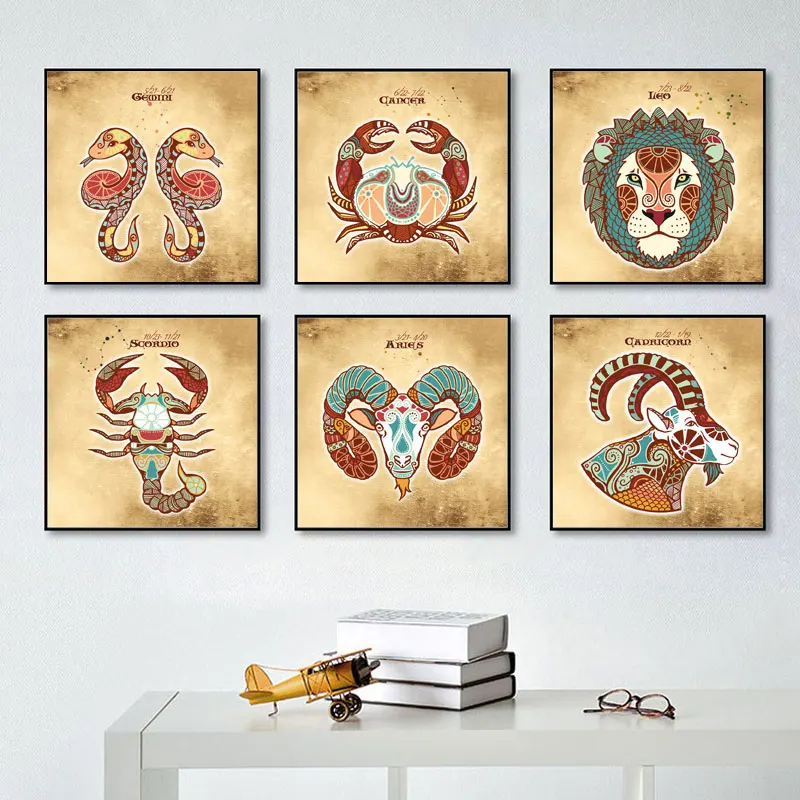 Винтажная картина со знаками Зодиака гороскоп льва Скорпион абстрактная