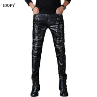 idopy mens leather pants black punk style skinny lace up party stage performance steampunk faux pu pleather trousers for male