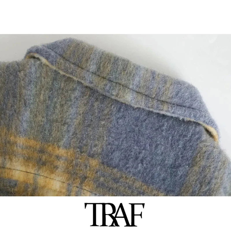 

TRAF Women Fashion Oversized Check Woolen Jacket Coat Vintage Long Sleeve Pockets Female Outerwear Chic Overshirt