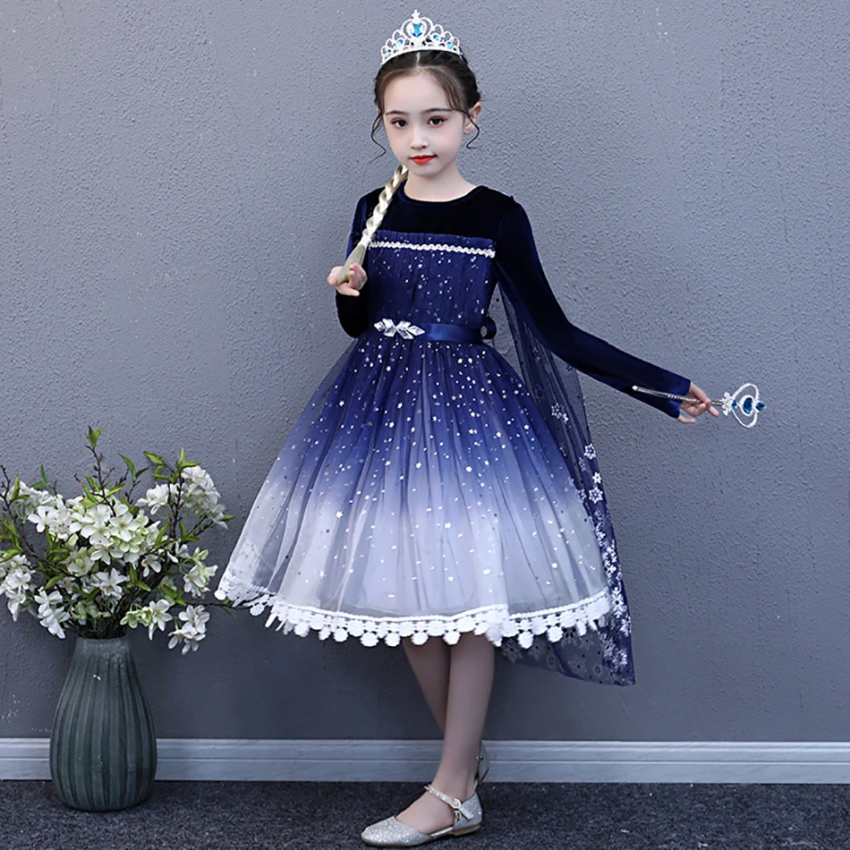 

2020 Winter Elsa Dress Girls Party Vestidos Cosplay Girl Clothing Anna Snow Queen Print Birthday Princess Dress Kids Costume