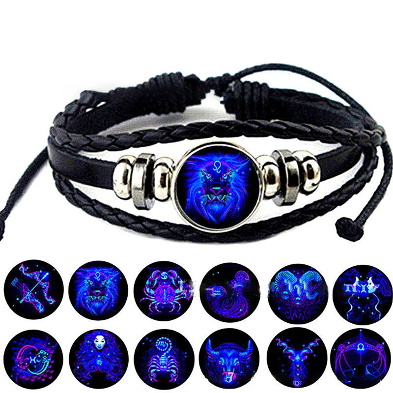 

Zodiac Bracelet 12 Constellation Men's Hand Bracelet Black Bracelet Colorful Starry Sky Constellation Glass Luminous Braceletes