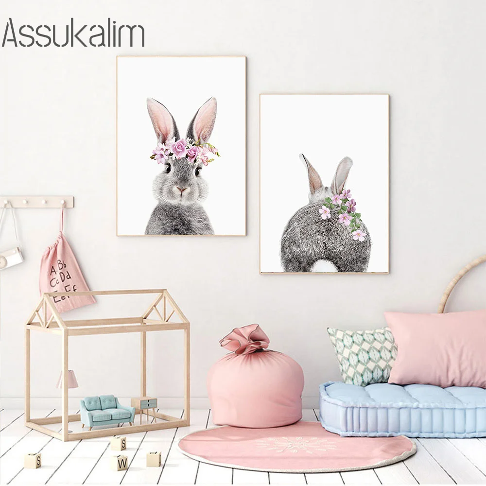 

Rabbit Wall Canvas Painting Baby Poster Tail Art Paintings Flower Print Nursery Posters Nordic Wall Pictures For Kids Room Decor