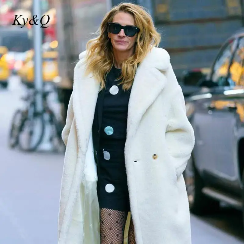 

Autumn Winter Teddy Bear Real Wool Fur Coat Women Thicken Warm Jacket Oversize Classic Double-Breasted Mid-Length White Outwear