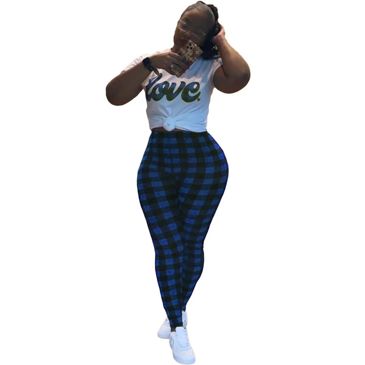 

Zoctuo Love Letter Printed T-Shirt Top Women Set Plaid Color Contrast Two Piece Pant Set Casual Slim Trousers Set For Girls