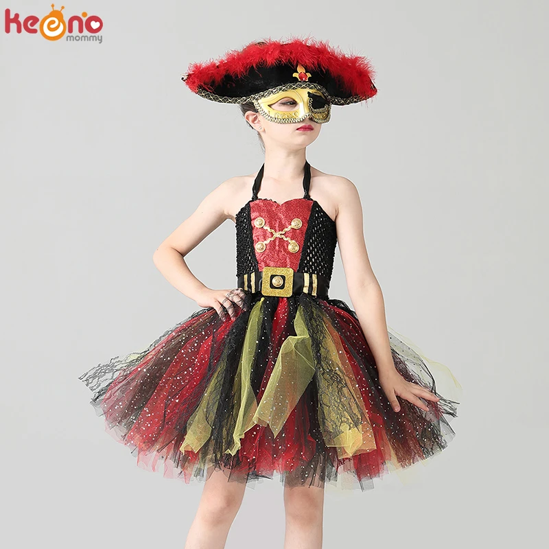 Пиратское платье-пачка для девочек, черный, красный и золотой блестящий костюм, детский роскошный пиратский маскарадный костюм на Хэллоуин,...