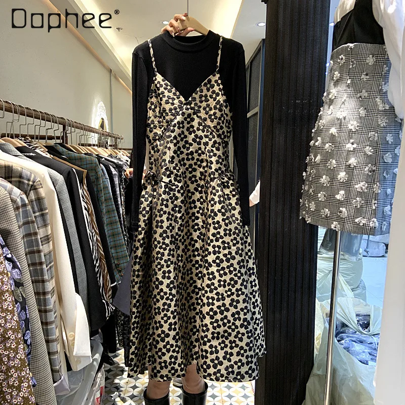 

Платье средней длины на бретельках с цветочным принтом, женское черное платье-рубашка с длинным рукавом, костюм из двух предметов, осень 2021