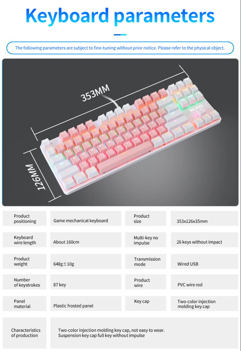 

K100 Two-color 87-key Green Axis Mechanical Keyboard Green Axis USB CF LOL Eating Chicken Game Internet Cafe Support Waterproof