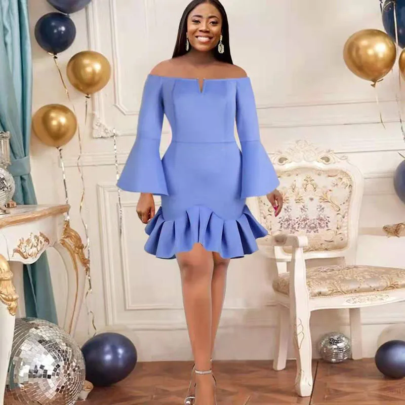 

Brand Quality Short Dresses Light Sky Blue African Women Party Sexy Flared Sleeves Ruffled Plus Size Knee Length Real Photo Gown