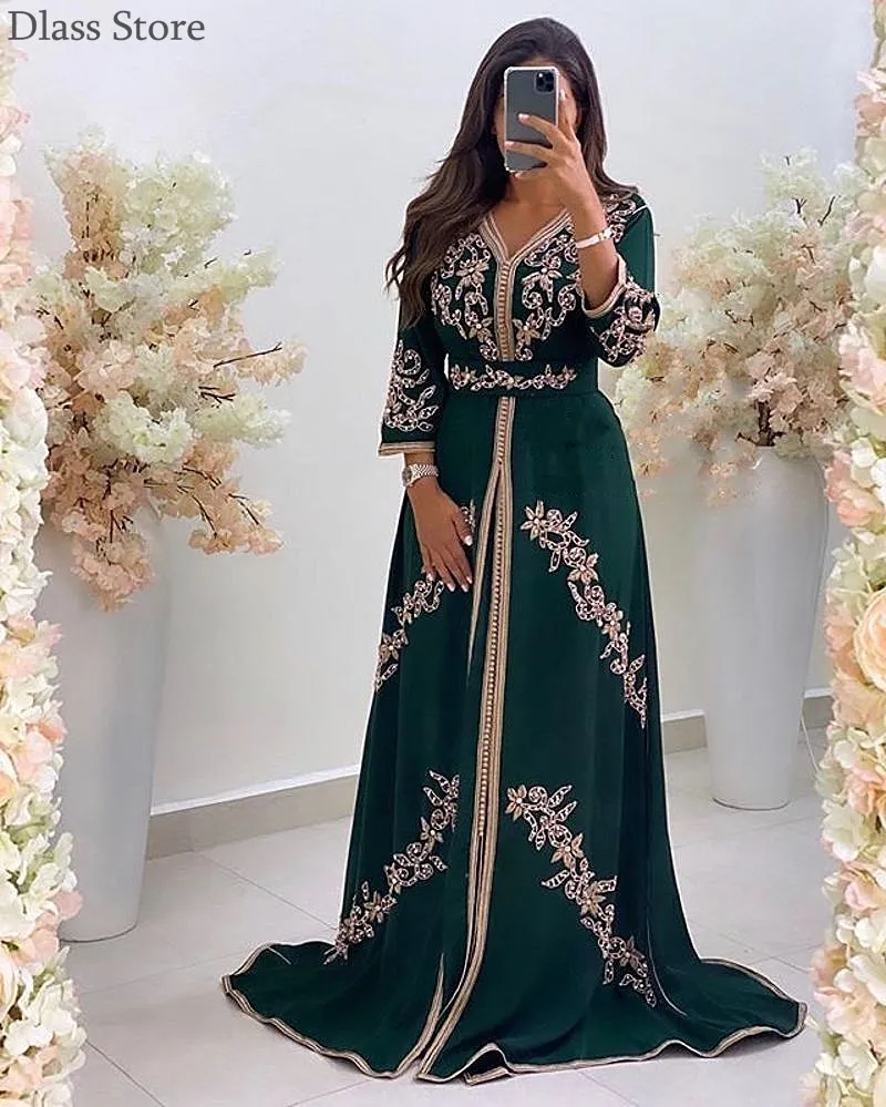 

Muslim Evening Dress A-line Satin Beading Applique Long Sleeves V-neck Sweep Train Dark Green Prom Dress вечернее платье