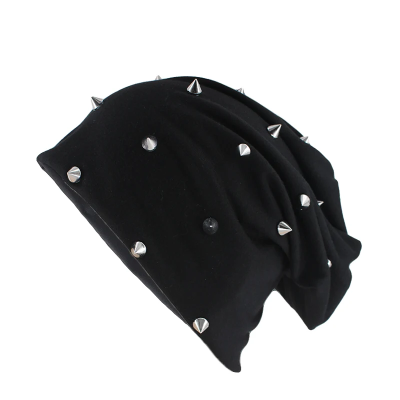 Черный Новая мода хип-хоп осенние мужские шапочки Skullies заклепки Повседневная теплая шапка брендовые Серебристые красивые шапки капот распродажа - Цвет: Черный