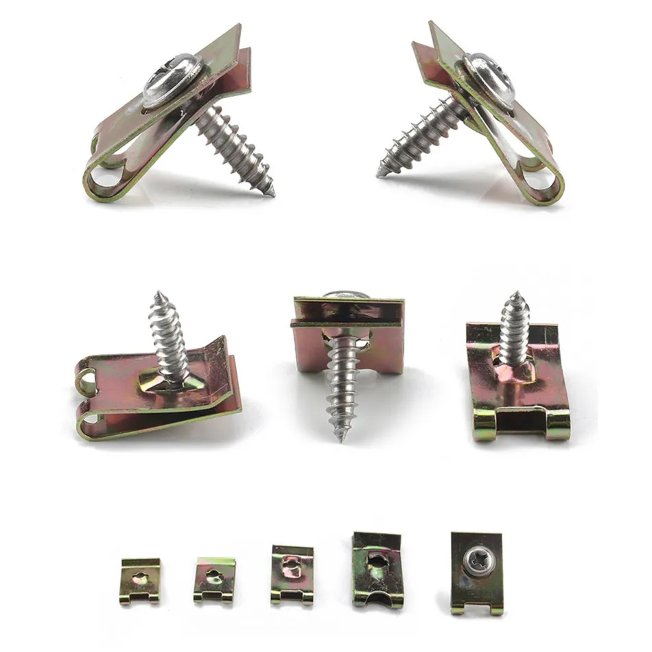

200Pcs Bronze Tone Spring Metal Clip Auto Fastener Clips Iron Nuts Car Door Panel Spire Screw Base U-Type Clips Fixment Tool Kit