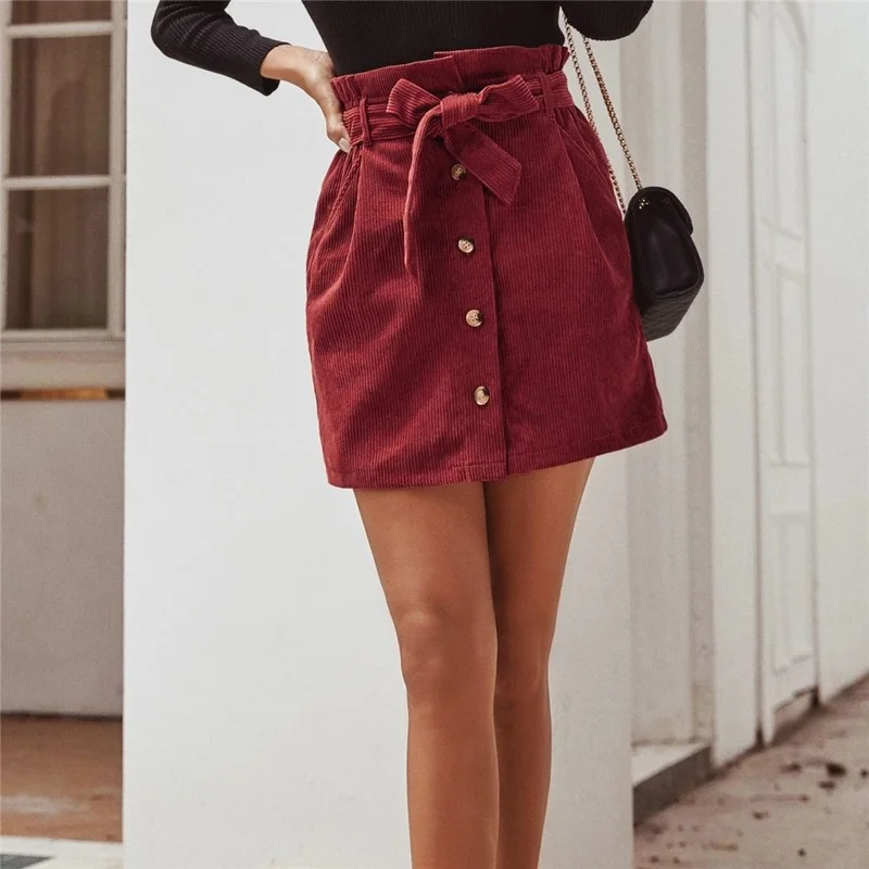 

Female New Fashion Casual Single-breasted Sashes Skirts with Pocket Women Spring Summer High Waist Corduroy A-Line Mini Skirts