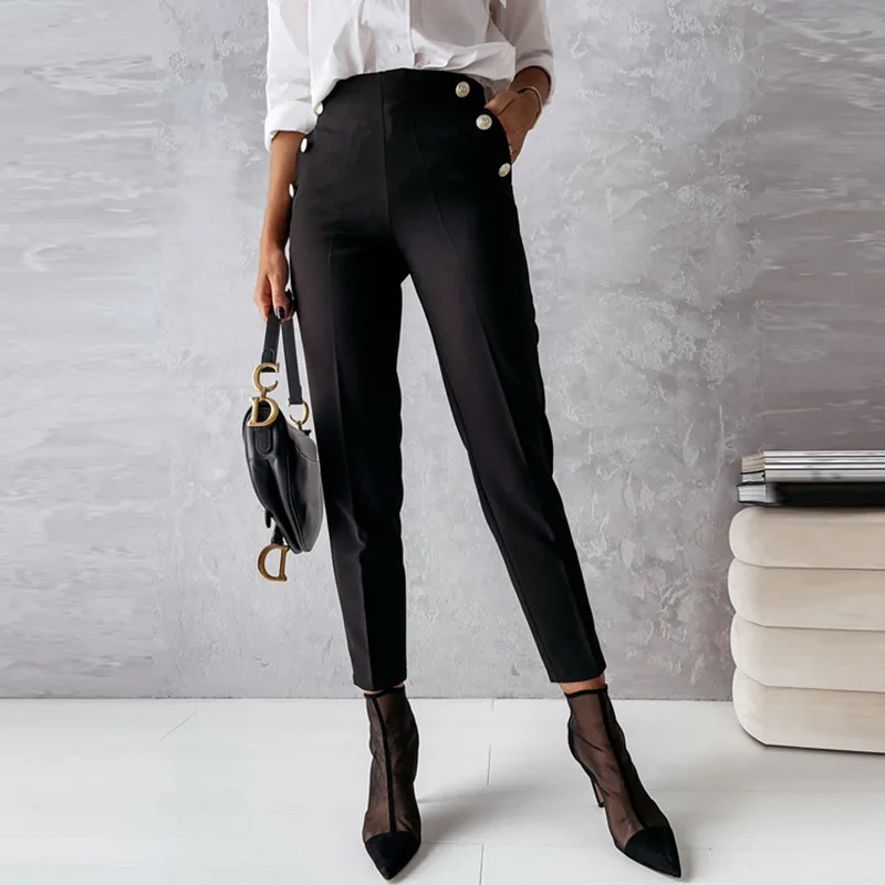 

Брюки-карандаш женские с карманами, на пуговицах, с завышенной талией