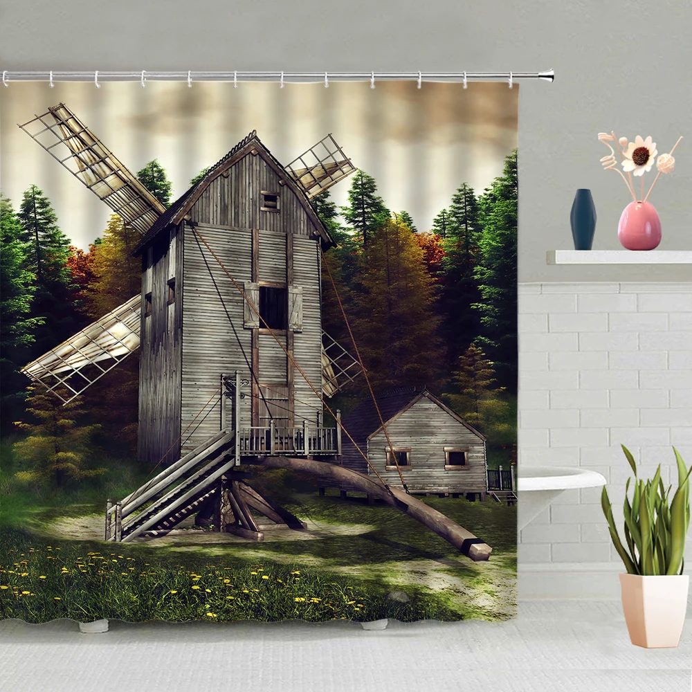 

Windmill Pattern Shower Curtain Lavender Flowers Sky Forest Sunset Grass Background Bathroom Decoration Washable With Hook Set