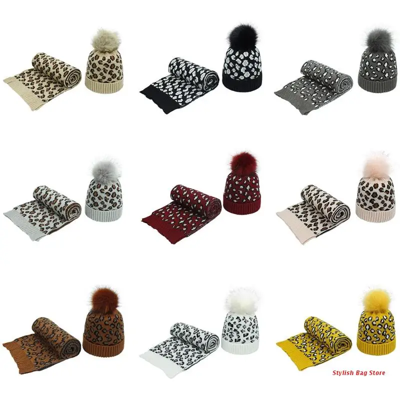 

Women Winter Vintage Leopard Knitted Pompom Cuff Beanie Hat and Scarf Shawl Set