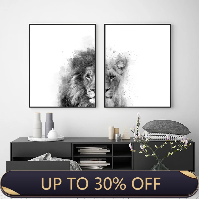 Лев и львица животных холст для живописи черный белый цвет абстрактный воды