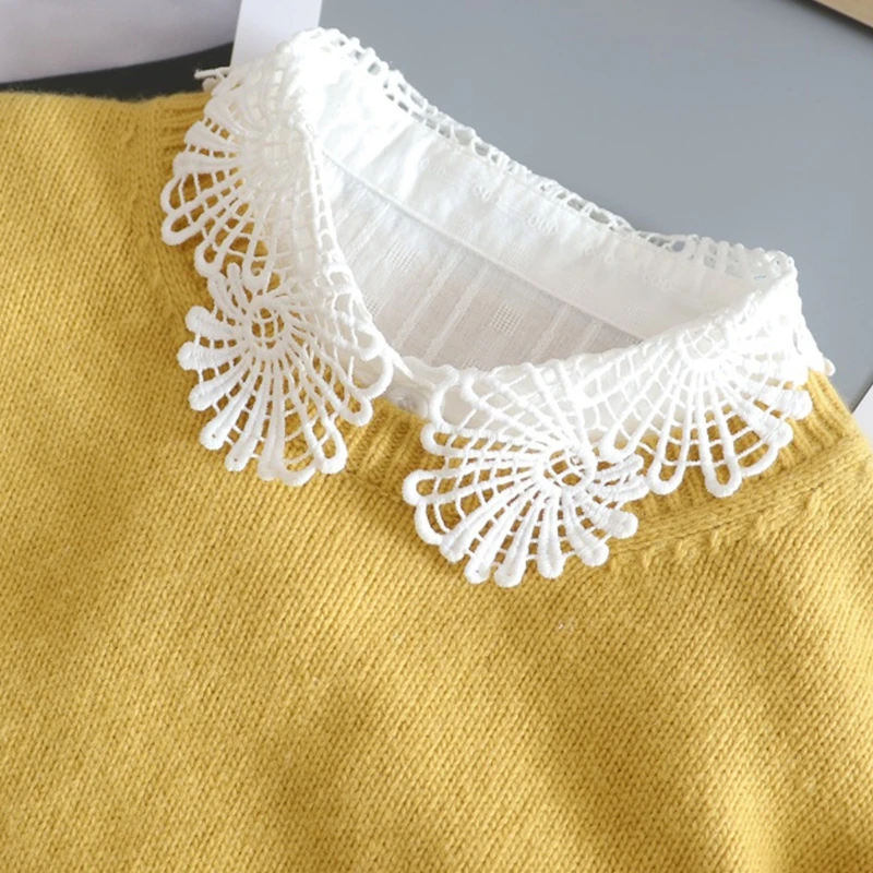 

Women Floral Lace Jacquard Lapel False Fake Collar Stylish Detachable Half Shirt Striped Button Down Decorative Chiffon Blouse