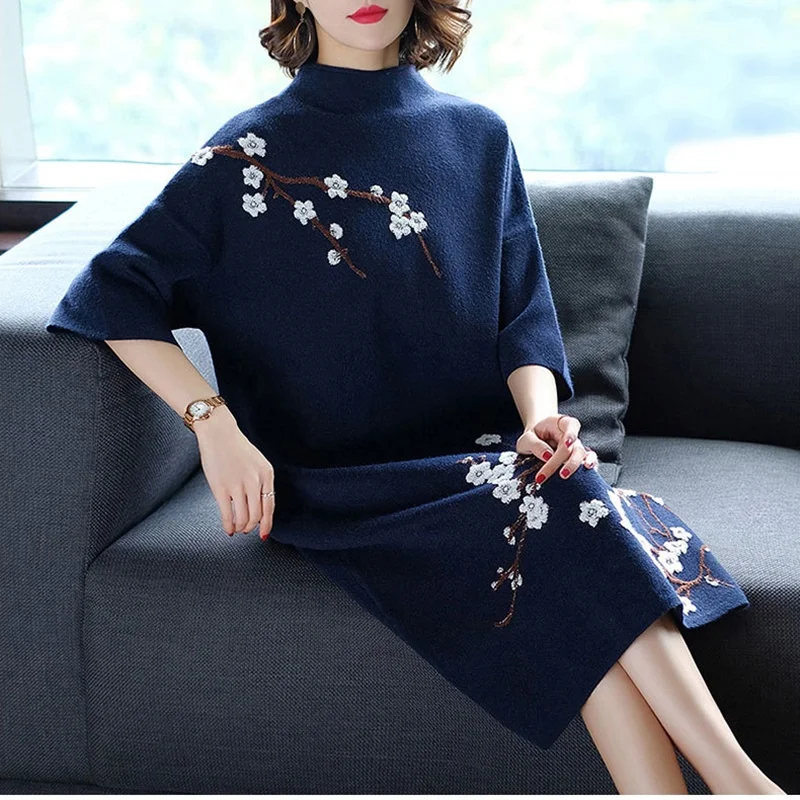 

New Winter Women Sweater Dress Thick Warm Turtleneck Loose Knit Dress Autumns Elegant Vintage Midi Embroider Dress Ladies DD2409