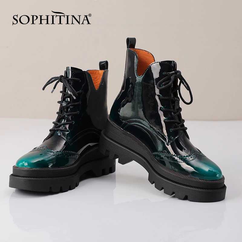 Harga SOPHITINA Platform Sepatu Wanita Gradien Warna Paten Kulit Cross-Tied Boots Round Toe Mid Tumit Kasual Wanita Semata Kaki MO795
