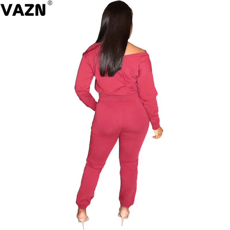 VAZN Solid popular 2020 early autumn sexy lady 3 colors 2-piec elong set full sleeve V-neck tees long pants young casual |