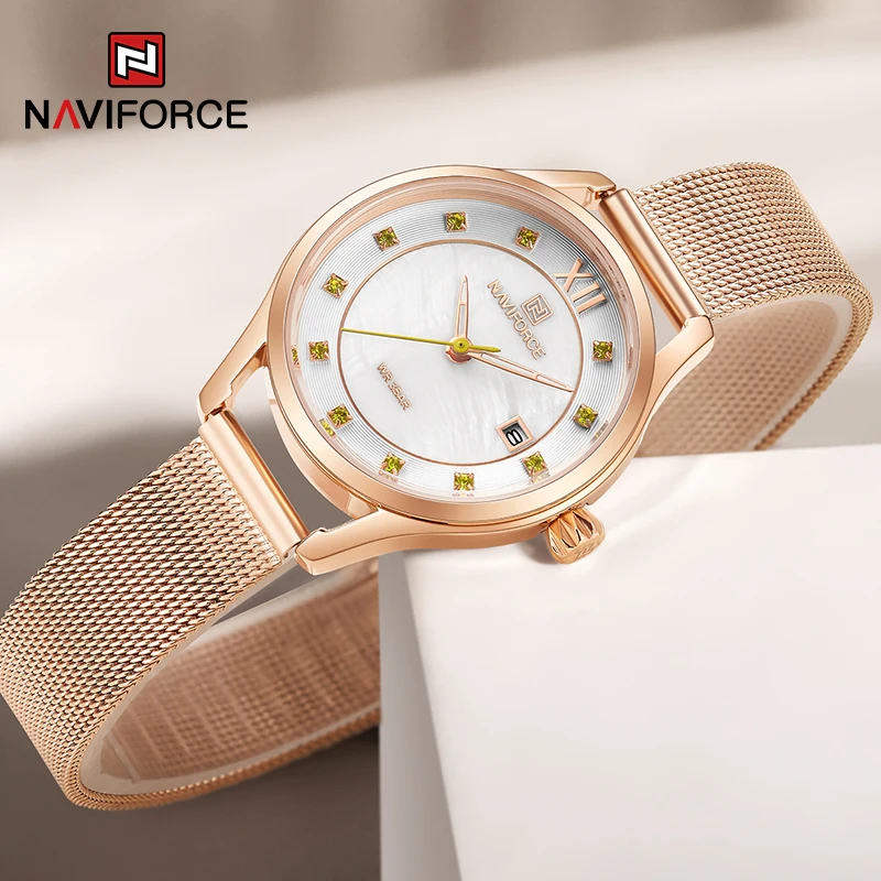 

NAVIFORCE Women's Luxury Watches Quartz Waterproof Day Display Clock Stainless Steel Strap Elegant Wristwatches Relogio Feminino