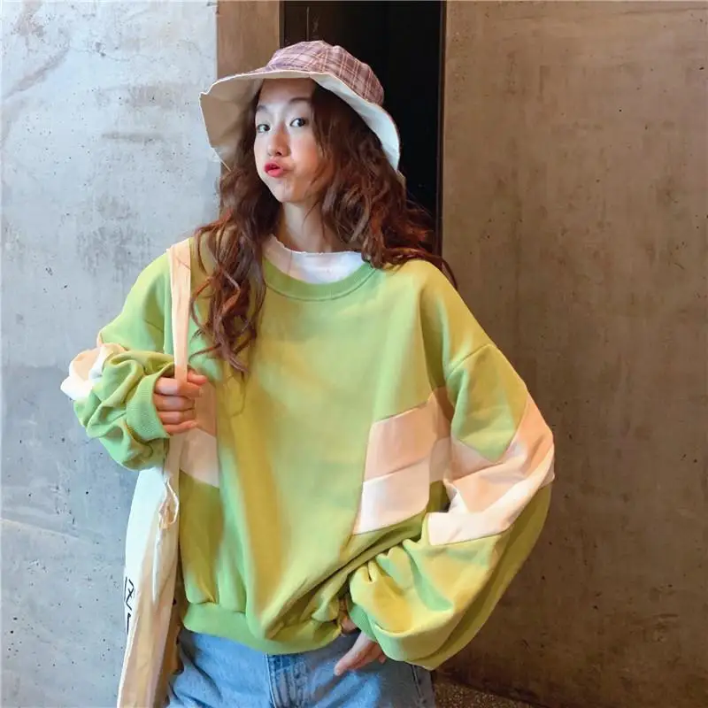 Модные толстовки для школьниц цветная контрастная Женская одежда с круглым