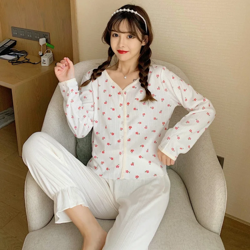 Women's pajamas pure cotton cardigan long-sleeved princess wind small floral home service suit spring and autumn пижама женская