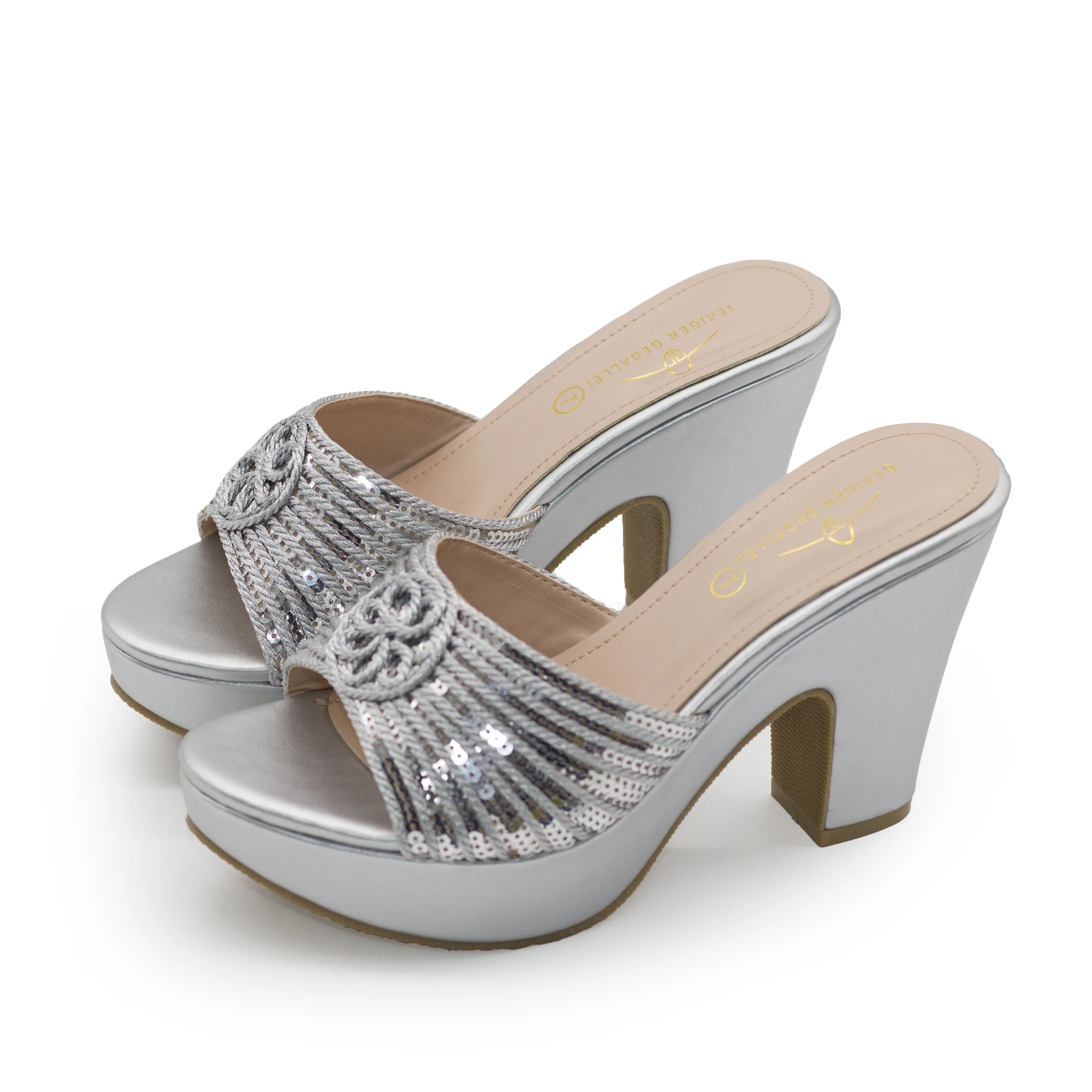 Braided Knot Sequined Luxury Party Dress Heels 6245-30 Sexy Women Mules Slippers Sandals Ladies Chunky High Heels Sandal Shoes