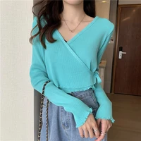 fashion slim solid color korean clothes new 2021 v neck knitted spring and autumn long sleeved crop tops sweaters women cardigan