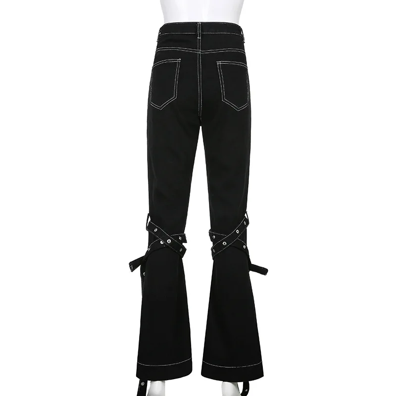 

2021 Harajuku White Thread Black Denim Pants Hip Hop High Waist Jeans Woman with Strips Fashion Trousers Ladies Casual Clothes