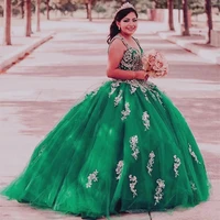 princess emerald green quinceanera dresses with golden appliques ball gown puffy corset back sweetheart birthday party dress