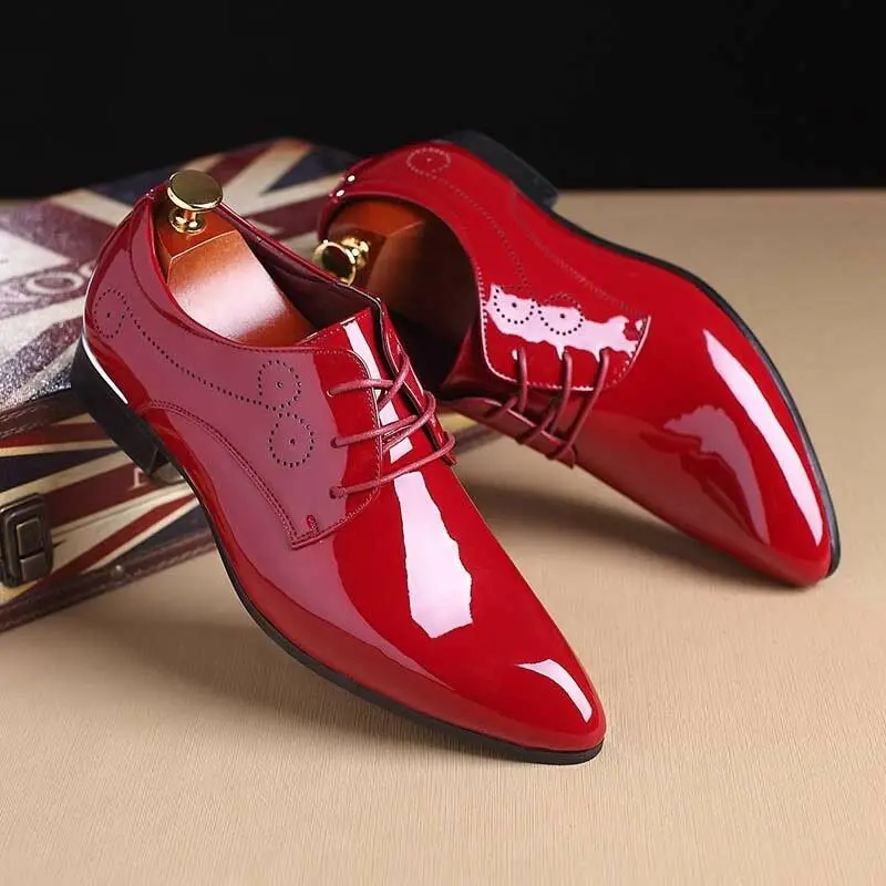 

Mens Point Toe Business Shoes Oxford Patent Leather Flats Wedding Shiny Lace Up