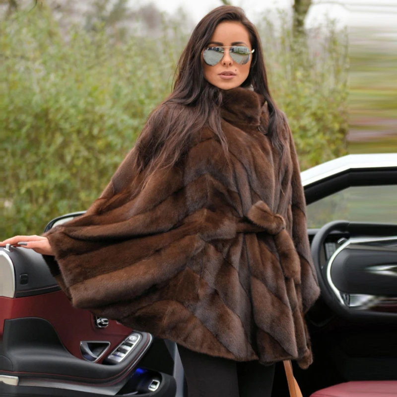 BFFUR Dark Coffee Real Mink Fur Coats Women 2022 New Genuine Mink Fur Jackets With Bat Sleeved Luxury Fur Overcoats Trendy 2022