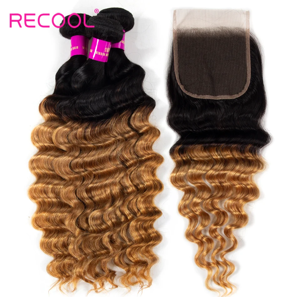 Recool 1B 27 пучков с закрытием бразильские Remy Свободные глубокие человеческие волосы