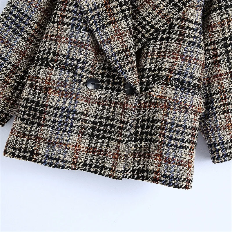 

ZXQJ Women 2020 Fashion Patchwork Check Loose Tweed Blazers Coat Vintage Long Sleeve Pockets Female Outerwear Chic Tops